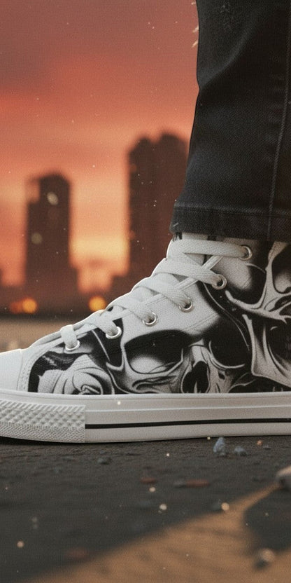 Women's Cartoon Skulls & Roses hand-made high-top canvas shoes — unique wearable art by Freaky Shoes
