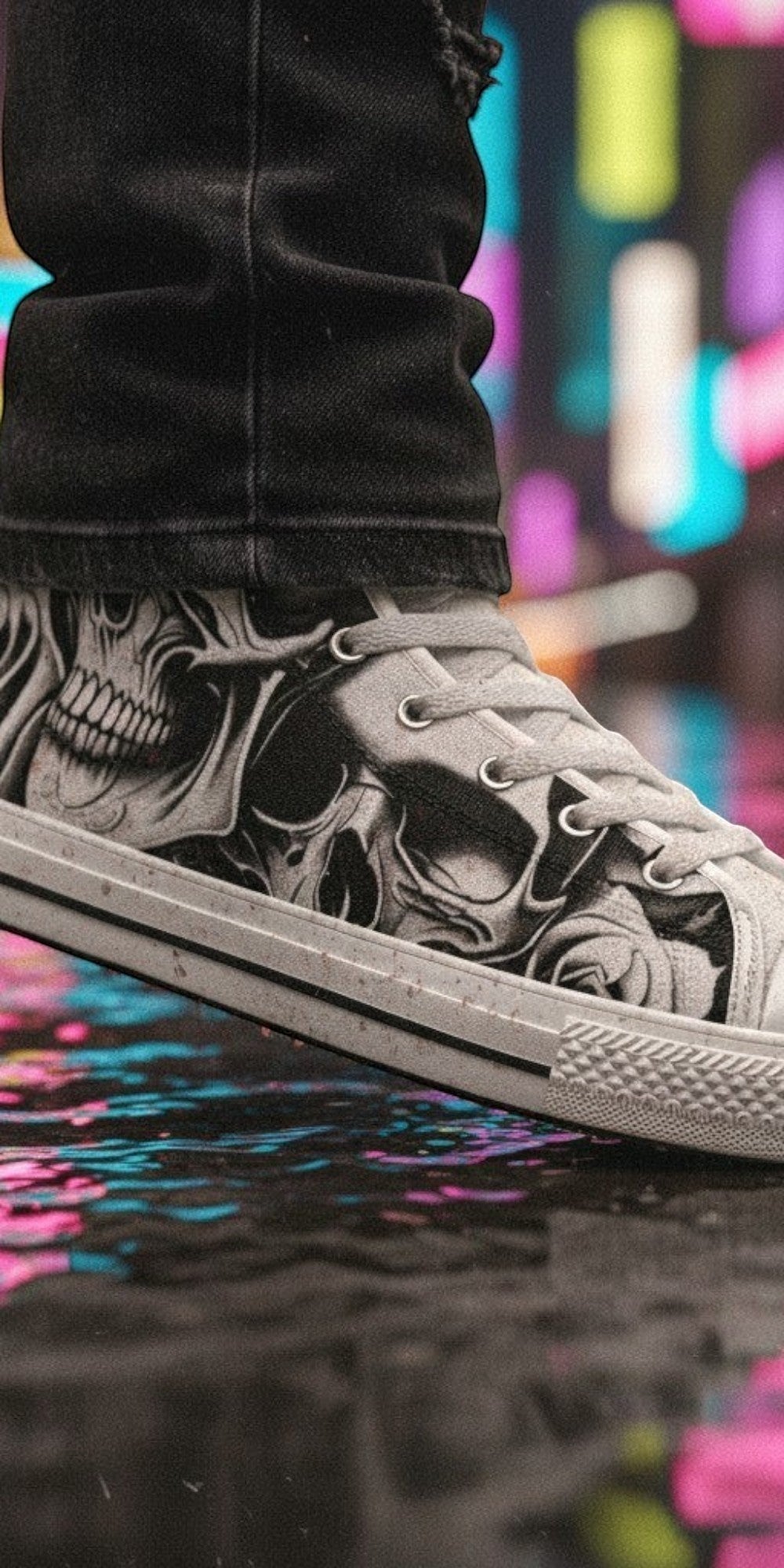 Women's Cartoon Skulls & Roses high-top canvas shoes — one-of-a-kind custom printed art, Freaky Shoes