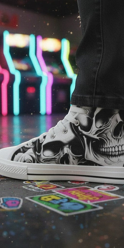 Women's Cartoon Skulls & Roses hand-made high-top canvas shoes — unique wearable art by Freaky Shoes