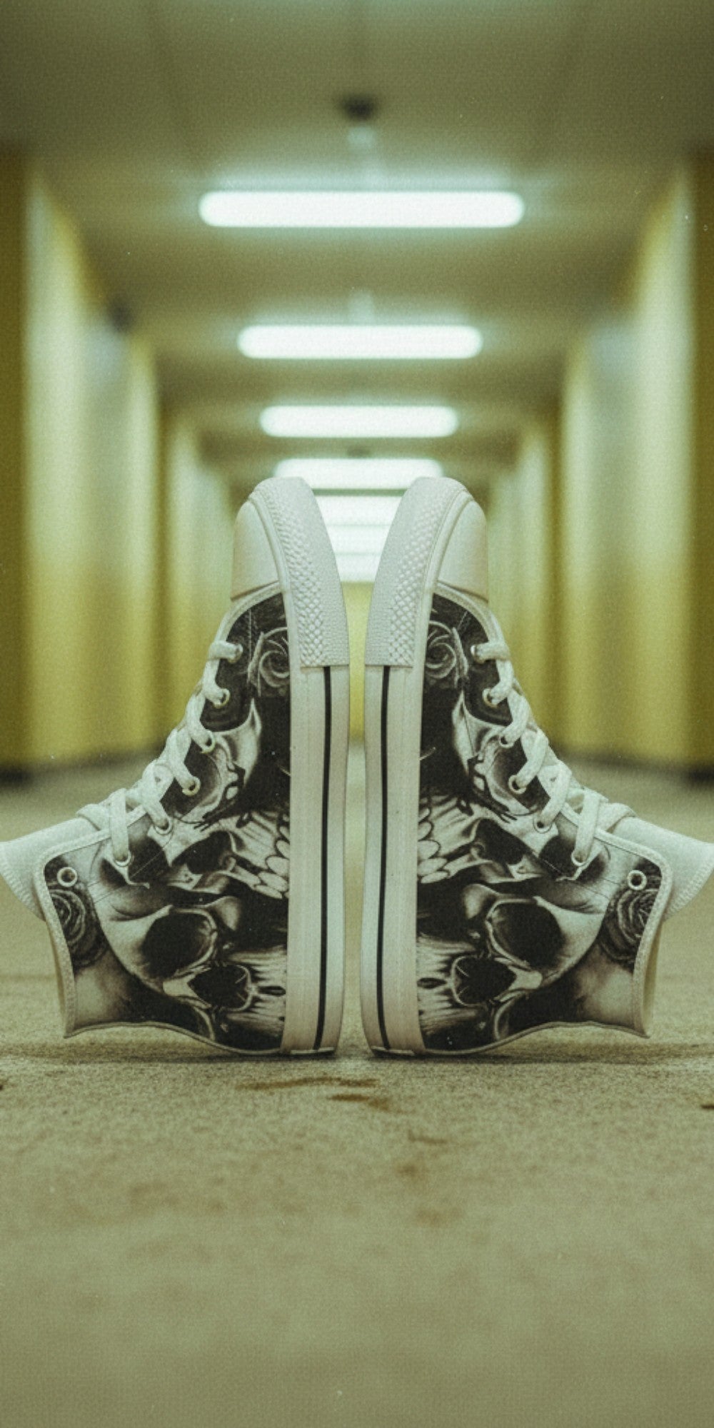 Women's Greyscale Skulls & Roses Black & White custom high-top canvas shoes — wearable art by Freaky Shoes