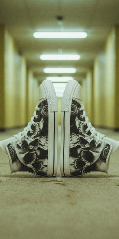 Women's Greyscale Skulls & Roses Black & White custom high-top canvas shoes — wearable art by Freaky Shoes