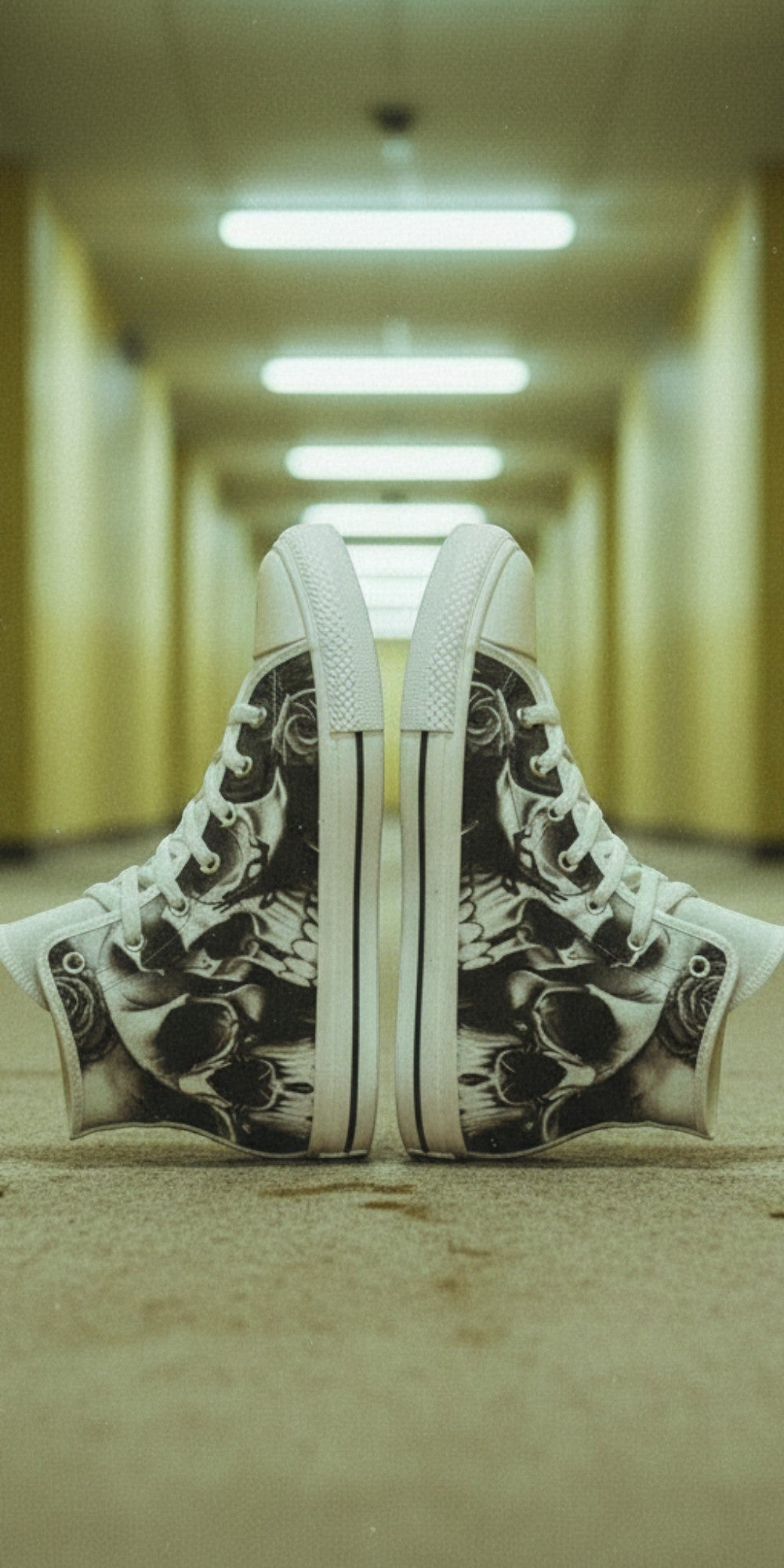 Women's Greyscale Skulls & Roses Black & White custom high-top canvas shoes — wearable art by Freaky Shoes