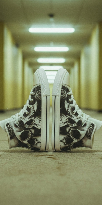 Women's Greyscale Skulls & Roses Black & White custom high-top canvas shoes — wearable art by Freaky Shoes