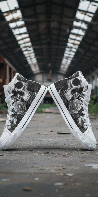 Men's Greyscale Skull Art Dark Gothic hand-made high-top canvas shoes — unique wearable art by Freaky Shoes