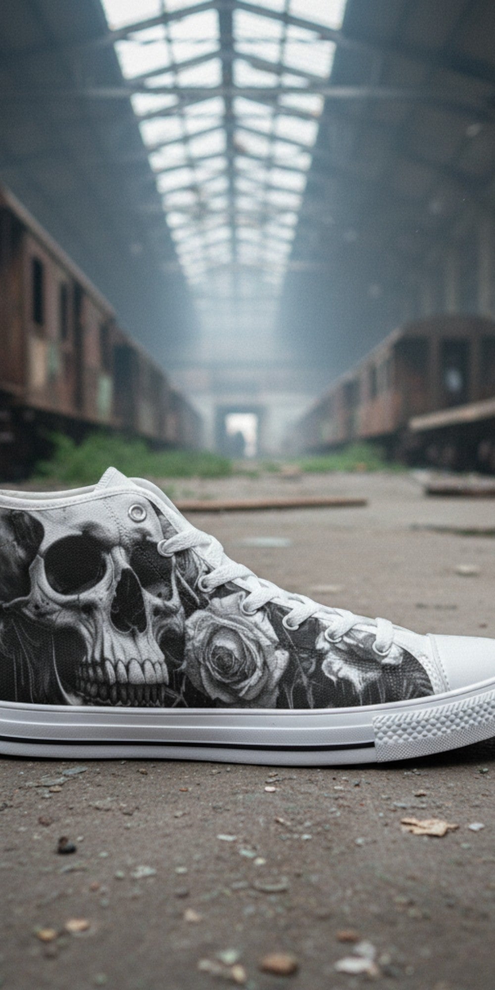 Men's Greyscale Skull Art Dark Gothic hand-made high-top canvas shoes — unique wearable art by Freaky Shoes
