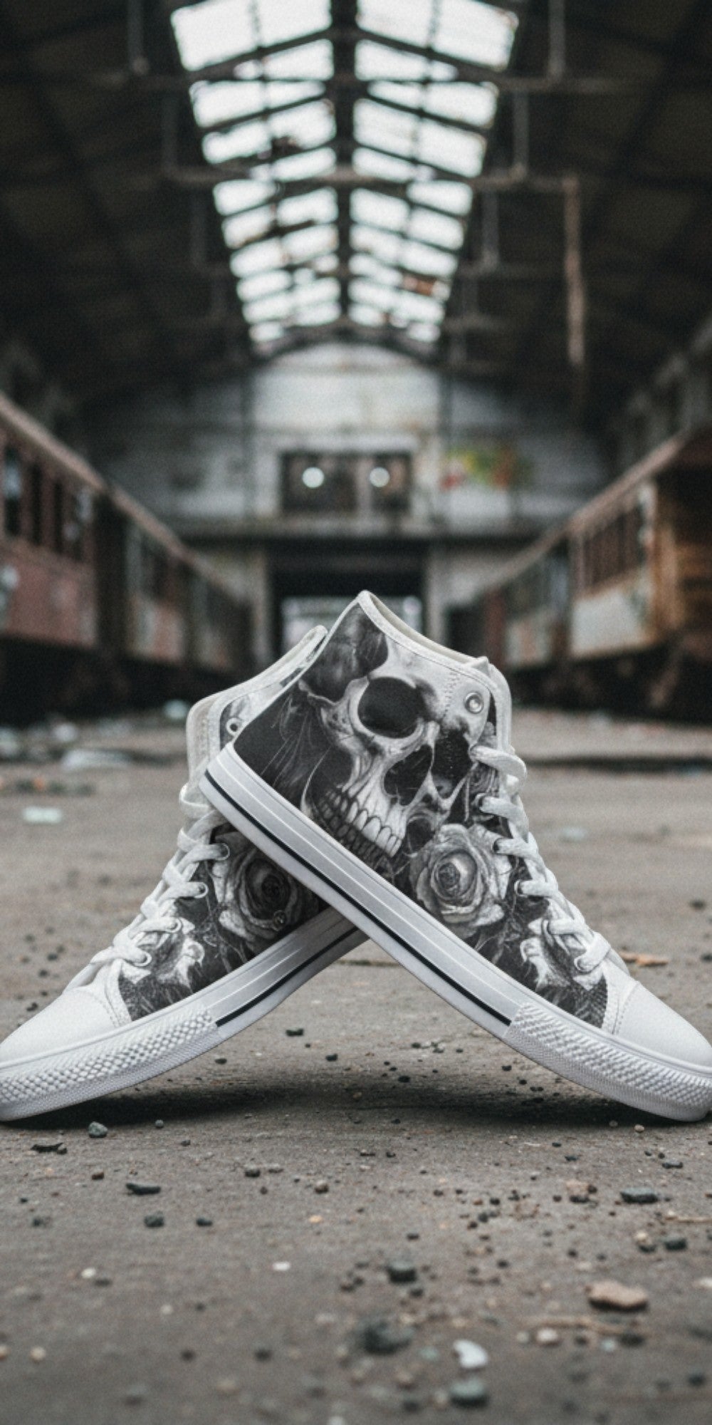 Men's Greyscale Skull Art Dark Gothic high-top canvas shoes, custom full-wrap printed design — Freaky Shoes
