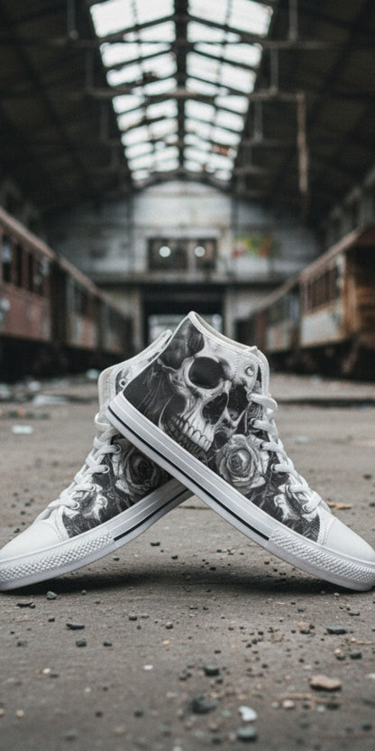 Men's Greyscale Skull Art Dark Gothic high-top canvas shoes, custom full-wrap printed design — Freaky Shoes
