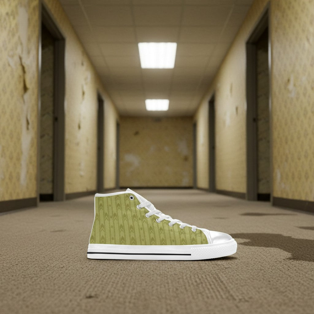 Custom Women's Backrooms The Hub Alt Fashion Horror -4 Sides high-top canvas shoes with bold all-over art — Freaky Shoes