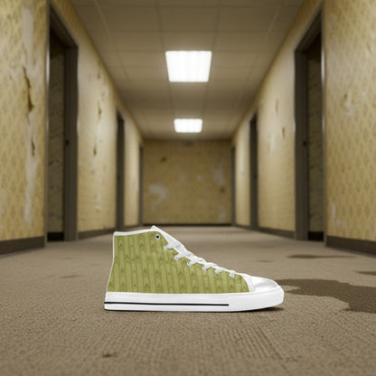 Custom Women's Backrooms The Hub Alt Fashion Horror -4 Sides high-top canvas shoes with bold all-over art — Freaky Shoes