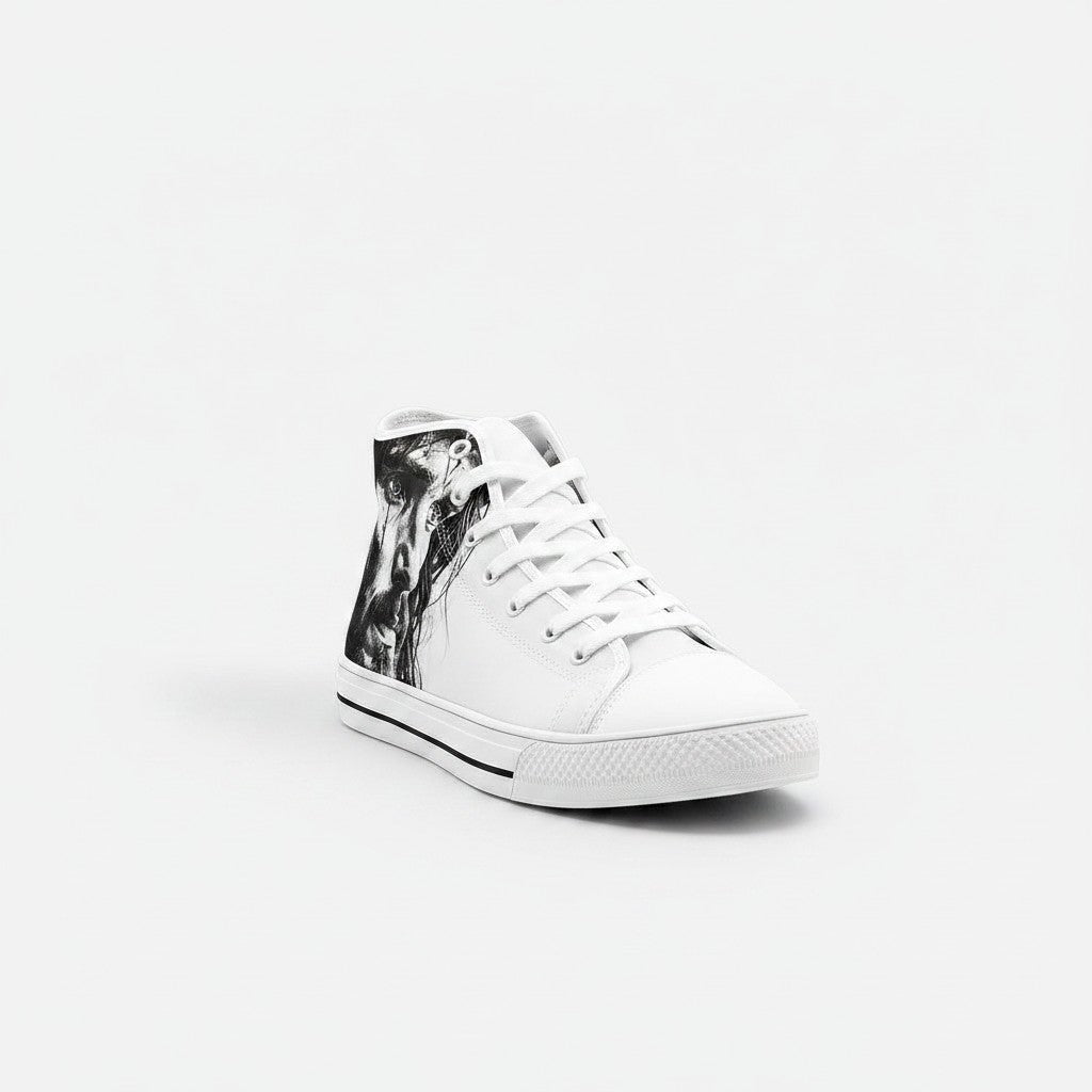 Freaky Shoes® high-top canvas sneakers in white with a black and white graphic portrait print on the side.