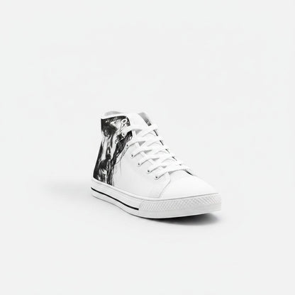 Freaky Shoes® high-top canvas sneakers in white with a black and white graphic portrait print on the side.
