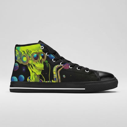 Freaky Shoes® women's high-top canvas sneakers featuring a vibrant hipster alien space print on black fabric.