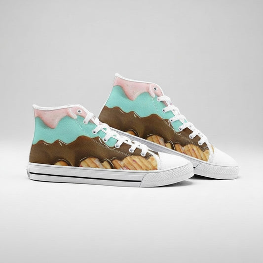 Freaky Shoes® high-top canvas sneakers featuring a colorful ice cream drip pattern with chocolate and strawberry