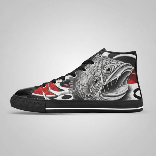 Freaky Shoes® women's high-top canvas sneakers featuring detailed Japanese fish art in black, white, and red.
