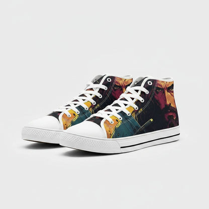 Freaky Shoes® high-top canvas sneakers featuring a vibrant, artistic Jesus portrait print and white lace-up closure.