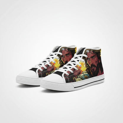 Freaky Shoes® high-top canvas sneakers featuring a vibrant, custom Jesus portrait print with white laces and soles.