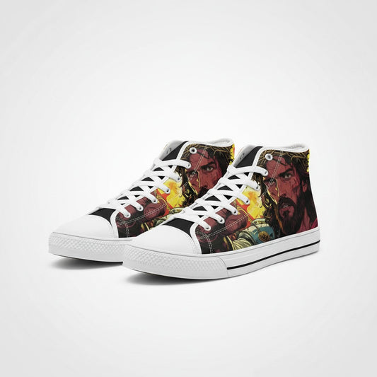 Freaky Shoes® high-top canvas sneakers featuring a vibrant, custom Jesus portrait print with white laces and soles.