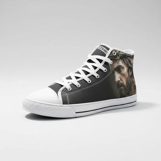 Freaky Shoes® high-top canvas sneakers featuring a detailed portrait of Jesus on the side with white laces and toe cap
