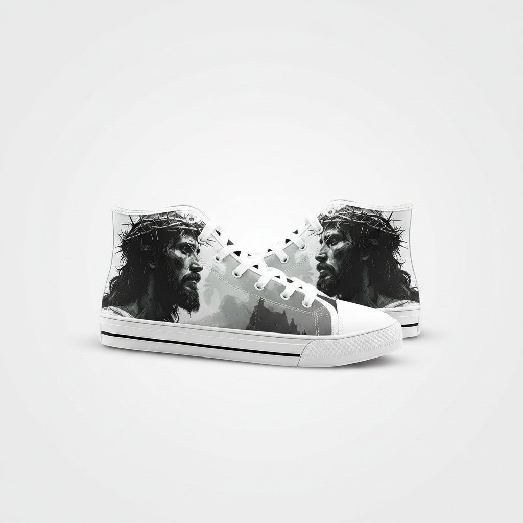 Freaky Shoes® unisex high-top canvas sneakers featuring a black and white portrait of Jesus with a crown of thorns.