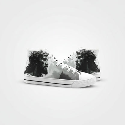 Freaky Shoes® unisex high-top canvas sneakers featuring a black and white portrait of Jesus with a crown of thorns.