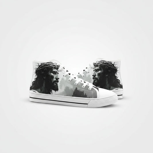 Freaky Shoes® unisex high-top canvas sneakers featuring a black and white portrait of Jesus with a crown of thorns.