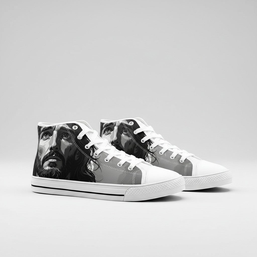 Freaky Shoes® unisex high-top canvas sneakers featuring a black and white portrait of Jesus on the side