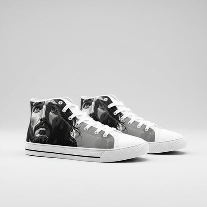 Freaky Shoes® unisex high-top canvas sneakers featuring a black and white portrait of Jesus on the side