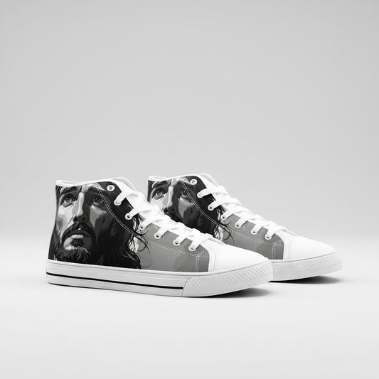 Freaky Shoes® unisex high-top canvas sneakers featuring a black and white portrait of Jesus on the side