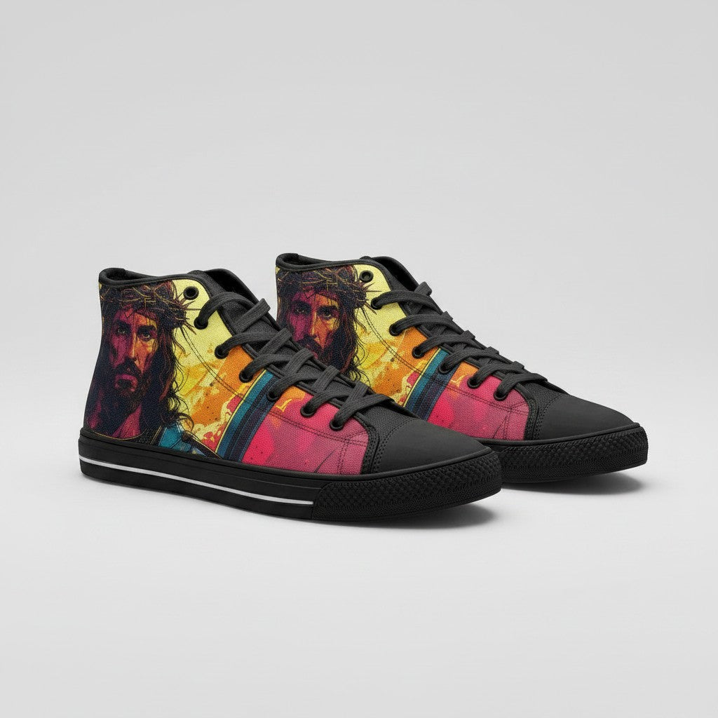 Freaky Shoes® unisex high-top canvas sneakers featuring a vibrant Jesus portrait print, black laces, and rubber soles.