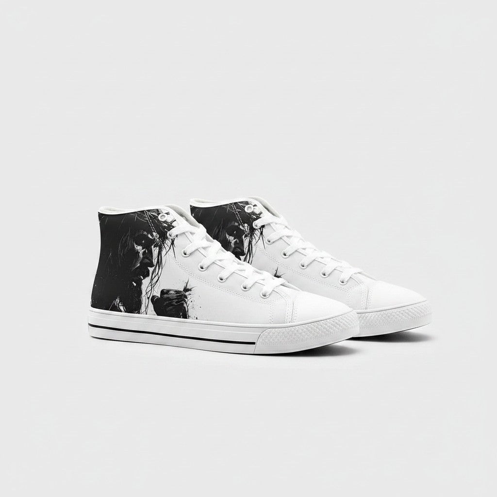 Freaky Shoes® high-top canvas sneakers featuring a black and white artistic portrait of Jesus on the side.