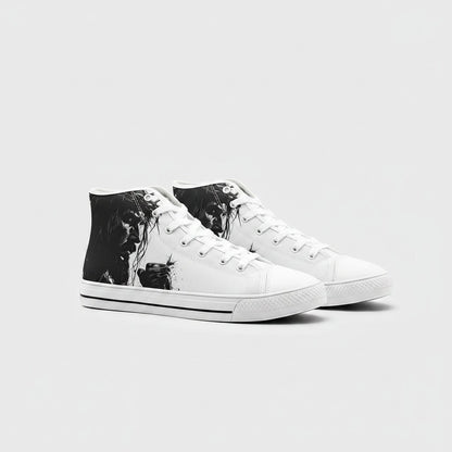 Freaky Shoes® high-top canvas sneakers featuring a black and white artistic portrait of Jesus on the side.
