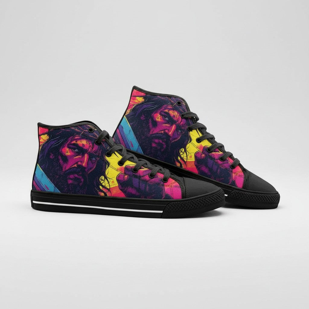 Freaky Shoes® high-top canvas sneakers featuring a vibrant, colorful artistic portrait of Jesus with lace-up closure.