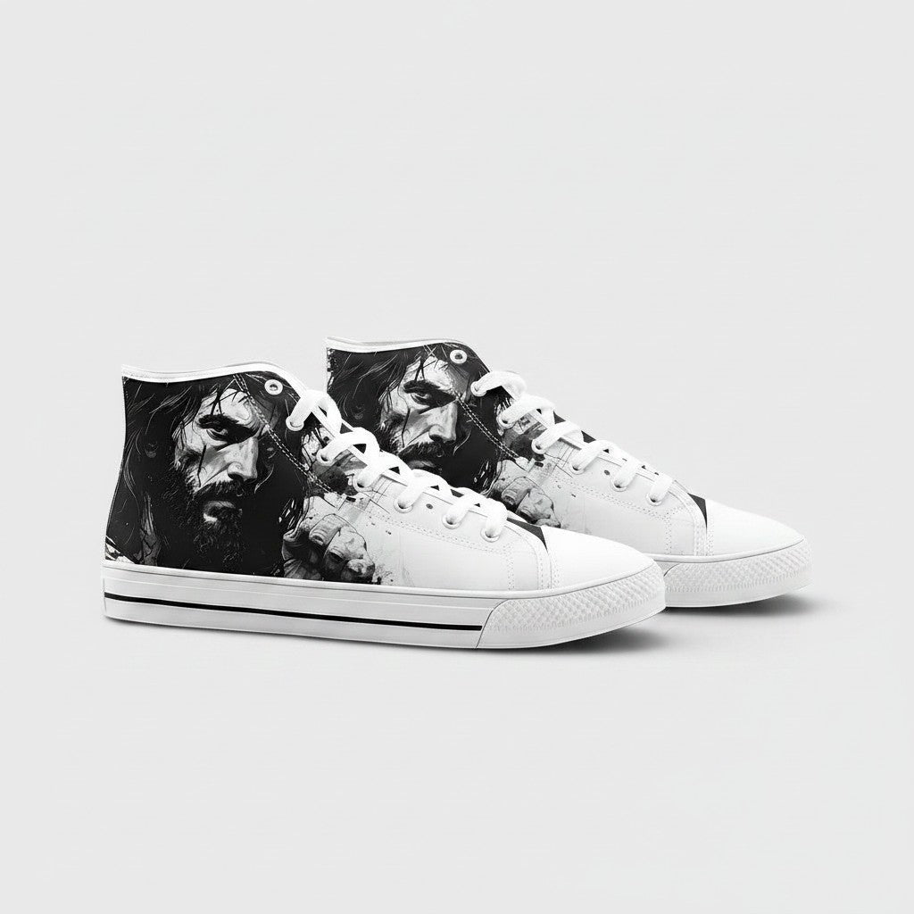 Freaky Shoes® unisex high-top canvas sneakers featuring a black and white portrait print of Jesus on the side.
