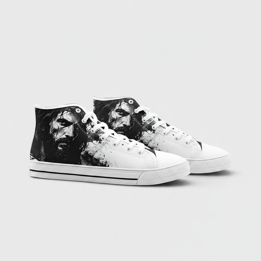 Freaky Shoes® unisex high-top canvas sneakers featuring a black and white portrait print of Jesus on the side.