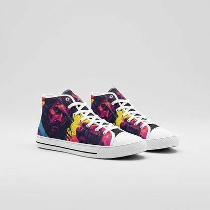Freaky Shoes® unisex high-top canvas sneakers featuring a vibrant, artistic Jesus portrait print and white laces.