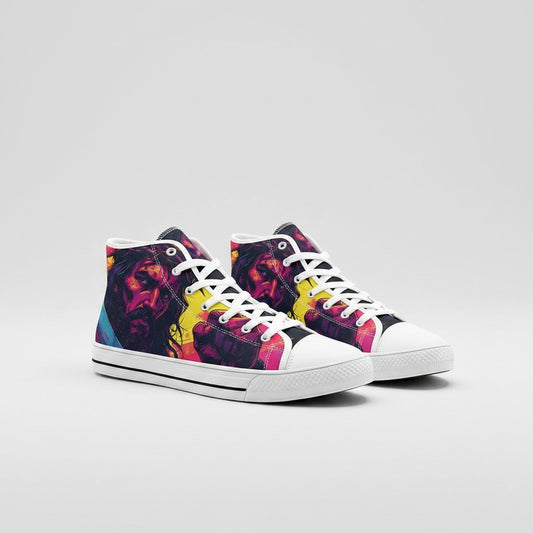 Freaky Shoes® unisex high-top canvas sneakers featuring a vibrant, artistic Jesus portrait print and white laces.