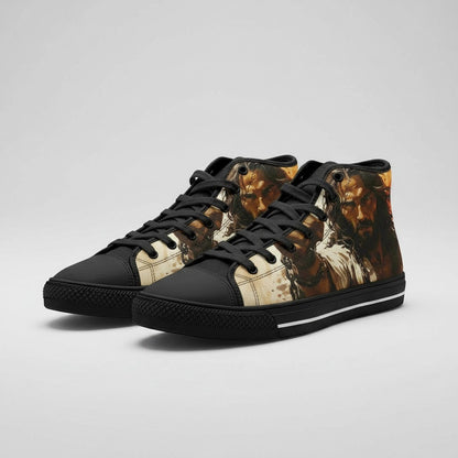 Freaky Shoes® high-top canvas sneakers featuring a detailed Jesus portrait print, black laces, and rubber toe caps.