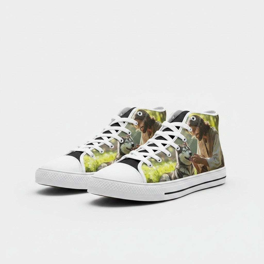 Freaky Shoes® high-top canvas sneakers featuring a printed design of Jesus with a husky dog, white laces, and rubber toe