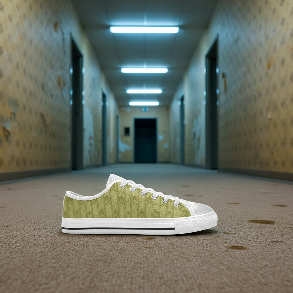 Level 1 Backrooms Fluorescent Horror Aesthetic for Kid hand-made low-top canvas shoes — unique wearable art by Freaky Shoes