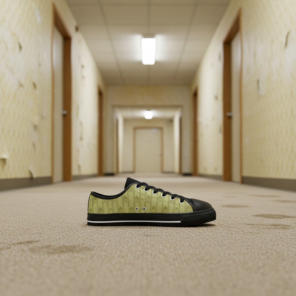 Level 1 Backrooms Fluorescent Horror Aesthetic for Kid low-top canvas shoes, custom full-wrap printed design — Freaky Shoes