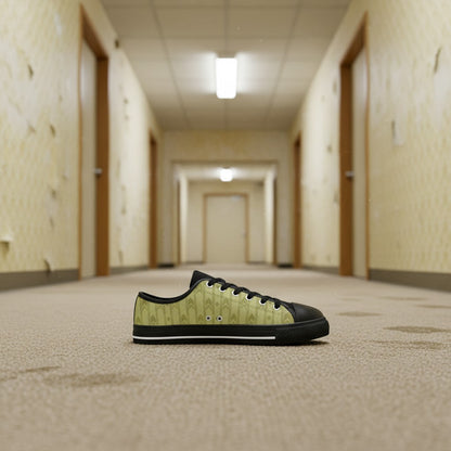 Level 1 Backrooms Fluorescent Horror Aesthetic for Kid low-top canvas shoes, custom full-wrap printed design — Freaky Shoes