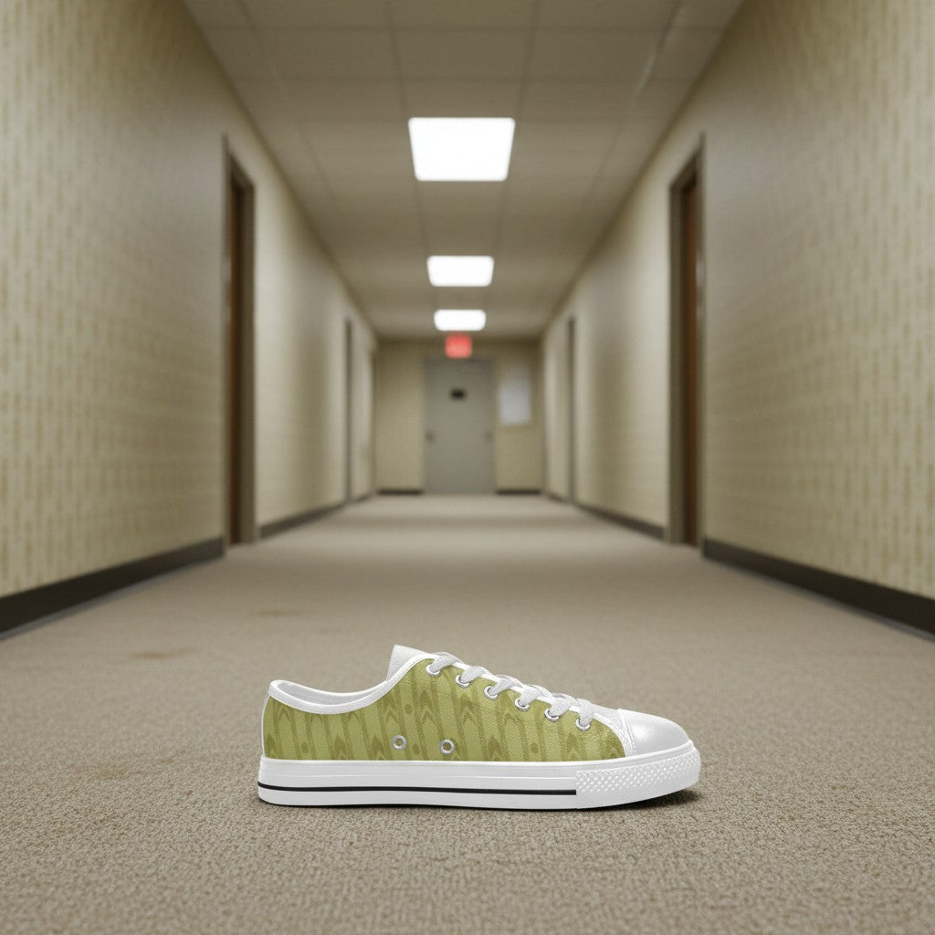 Level 1 Backrooms Fluorescent Horror Aesthetic for Kid low-top canvas shoes, custom full-wrap printed design — Freaky Shoes