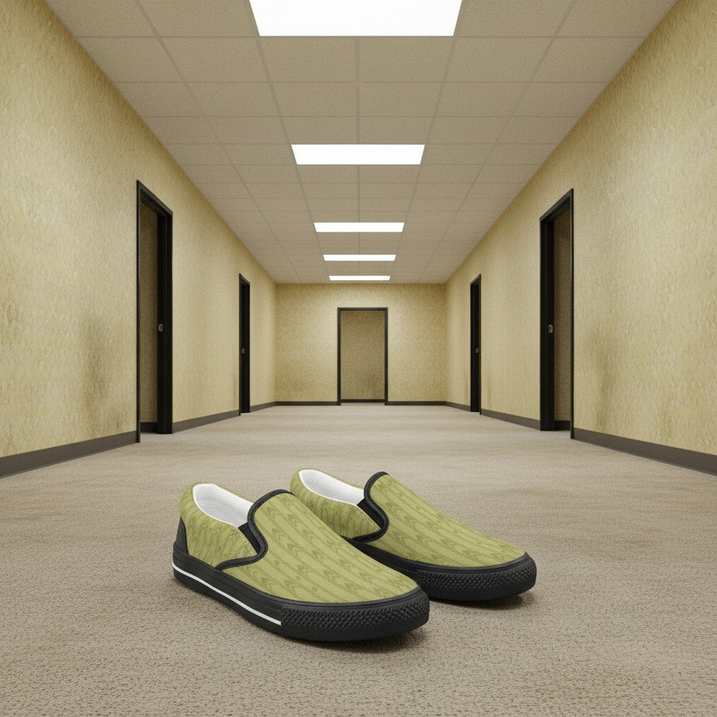 Freaky Shoes® kids' slip-on canvas sneakers in light olive green with a geometric pattern. Features black trim and rubber soles.