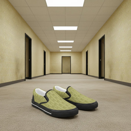 Freaky Shoes® kids' slip-on canvas sneakers in light olive green with a geometric pattern. Features black trim and rubber soles.
