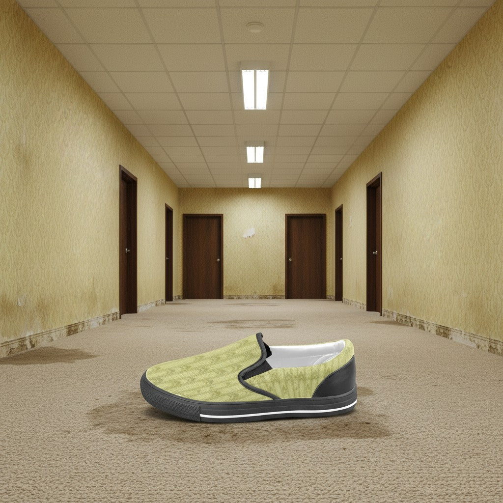 Freaky Shoes® kids' slip-on canvas sneakers in light yellow with a geometric pattern and black accents.