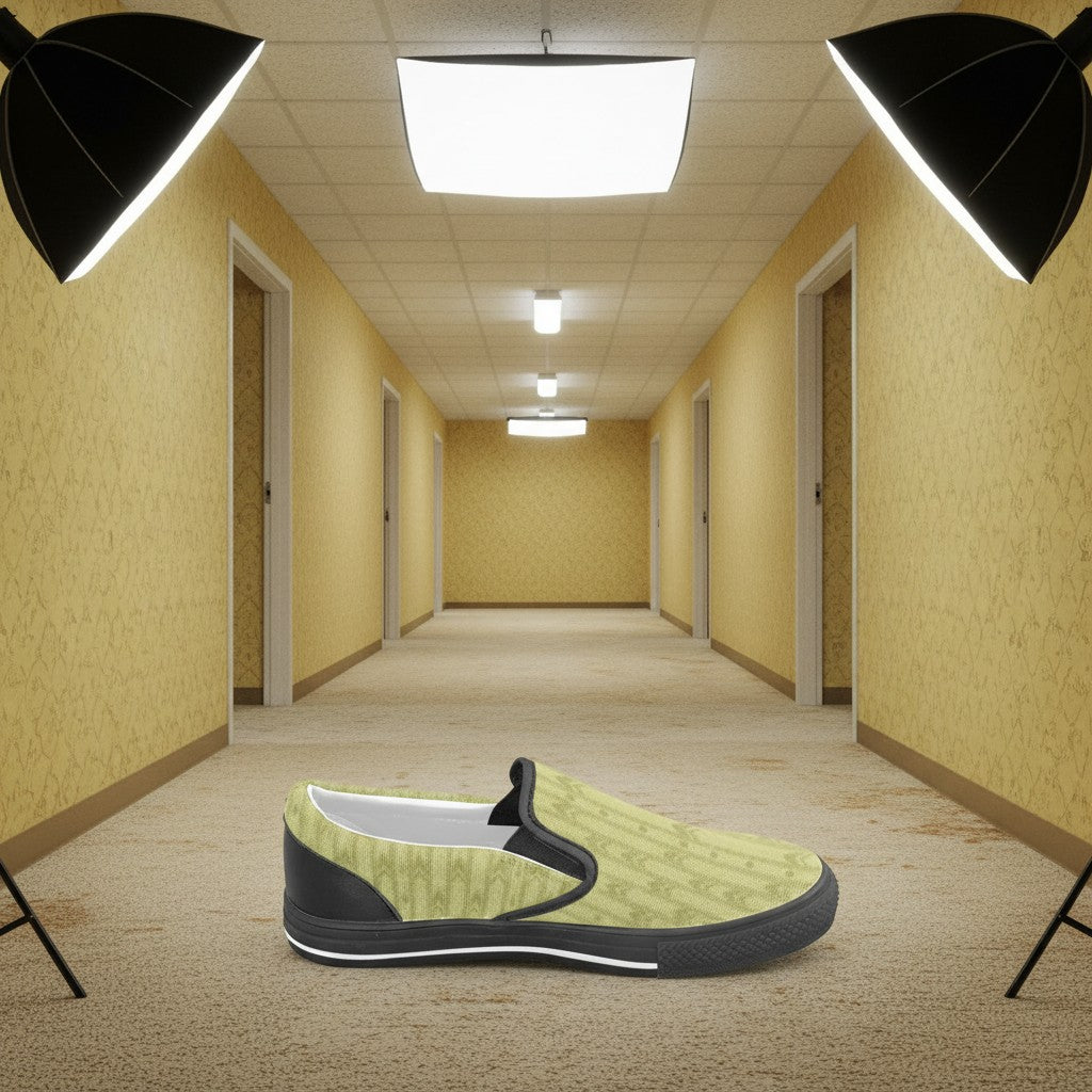 Freaky Shoes® kids' slip-on canvas sneakers in light yellow with a geometric pattern and black accents.