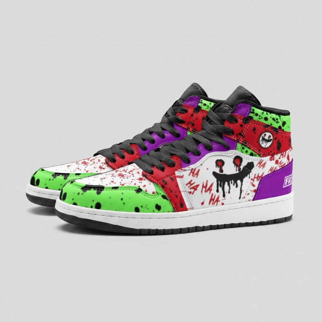 Freaky Shoes® Laugh custom high-top canvas sneakers with vibrant green, red, and purple graffiti-style art print.
