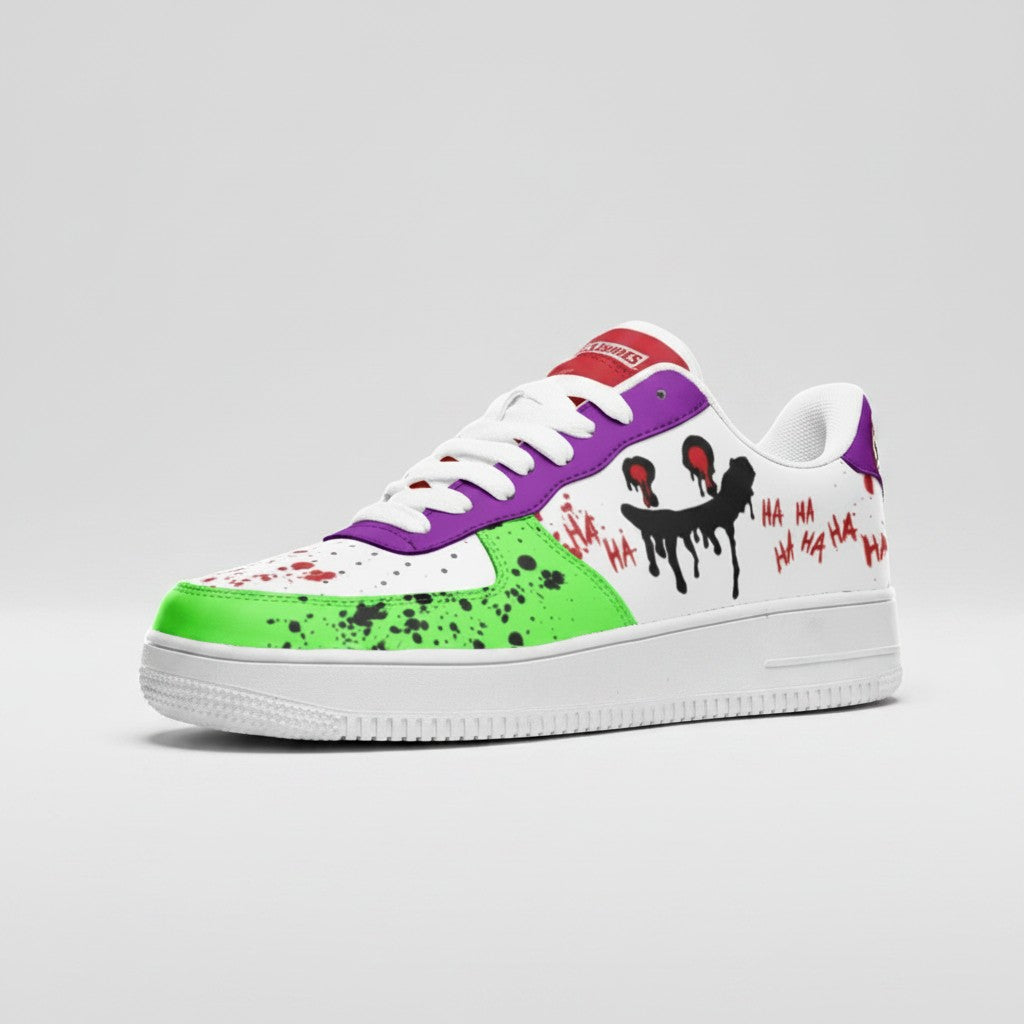 Freaky Shoes® Laugh custom low-top leather sneakers featuring a vibrant green, purple, and red graffiti-style design.