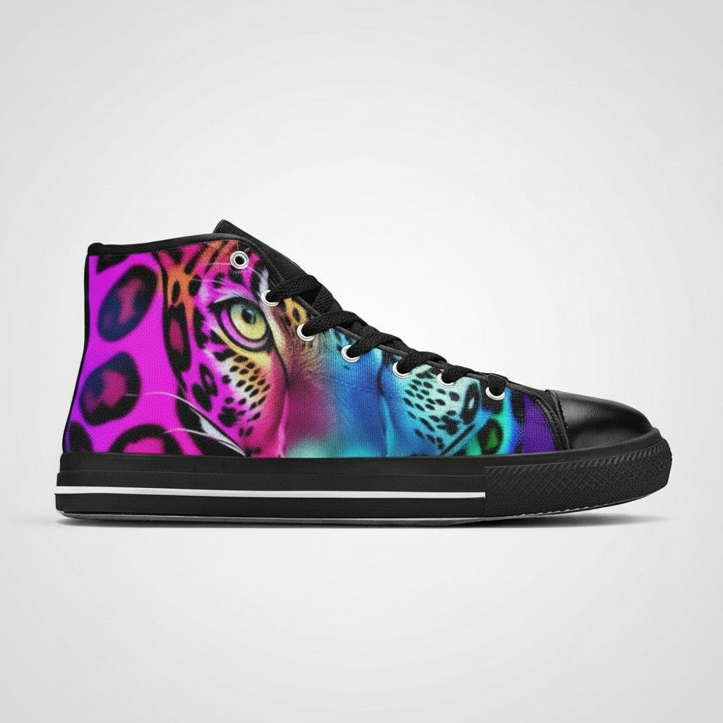 Freaky Shoes® men's high-top canvas sneakers featuring a vibrant, multi-colored leopard art print and black trim.