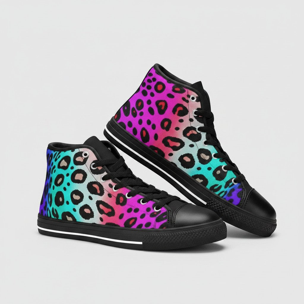 Freaky Shoes® men's high-top canvas sneakers featuring a vibrant, multi-colored leopard print design.